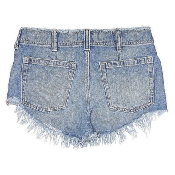 Free People Vintage Inspired Distressed Frayed Hem Lace-Up Denim Shorts - Picture 3 of 7